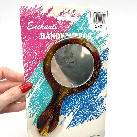Vintage 80s Enchanté Paris Hand Mirror Sealed Retro Amber Faux Tortoiseshell - Picture 1 of 4